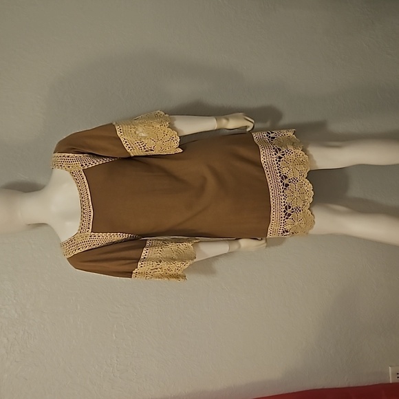 JUDITH MARCH Brown Crochet Metallic Lace Trim Boho Mini Dress - Picture 7 of 10